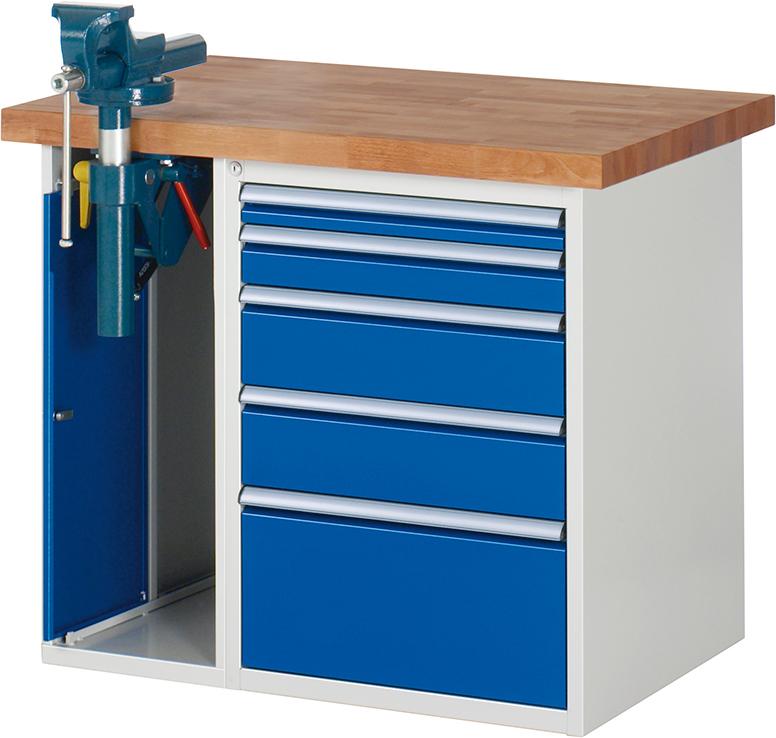 RAU Werkbank Serie 7000, Tiefe 700 mm, 5 Schubladen, 1 Schraubstockschrank
