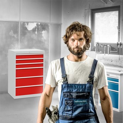 b+h Bedrunka+Hirth Schubladenschrank T500 60.340A 680mm Breite 500mm Tiefe 7 Schubladen, Arbeitskleidung, Latzhose, Blau, Werkzeuggürtel, hübscher Mann