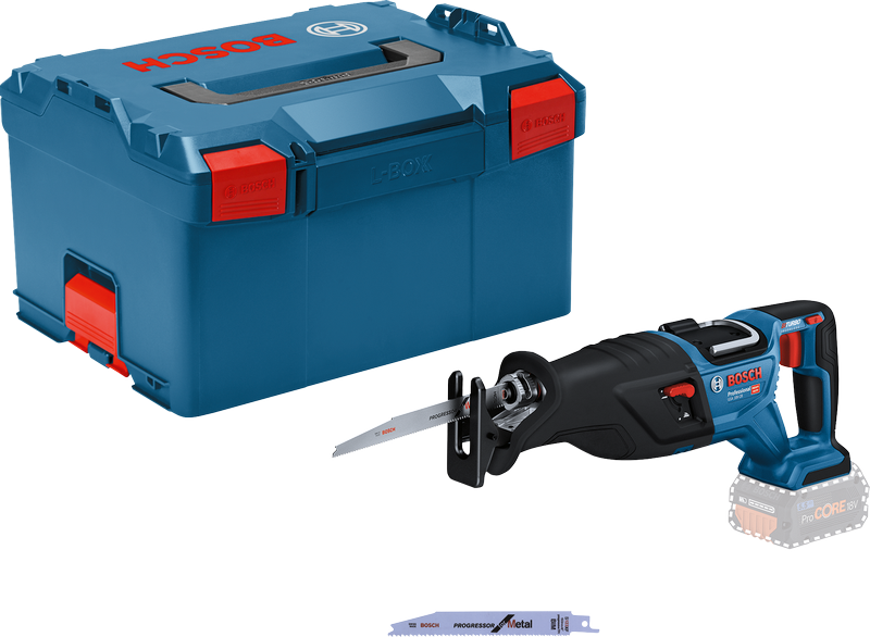 Akku-Säbelsäge GSA 18V-28 von Bosch mit L-Boxx., Akku-Säbelsäge, L-BOXX, blau-schwarz, Werkzeugkoffer, Metallsägeblatt