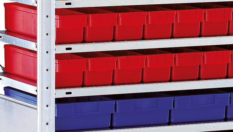 Schulte Kleinteileregal-Set 2 MULTIplus150 2000x1000x500mm verzinkt 16 Fachböden 70 rote 83x93x500mm Kästen 40 blaue 83x186x500mm Kästen