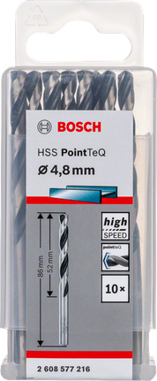 Bosch HSS PointTeQ 4.8mm twist drill bit set., HSS-Bohrer, 4,8 mm, Metallbohrer, Kunststoffbox, 10er-Set