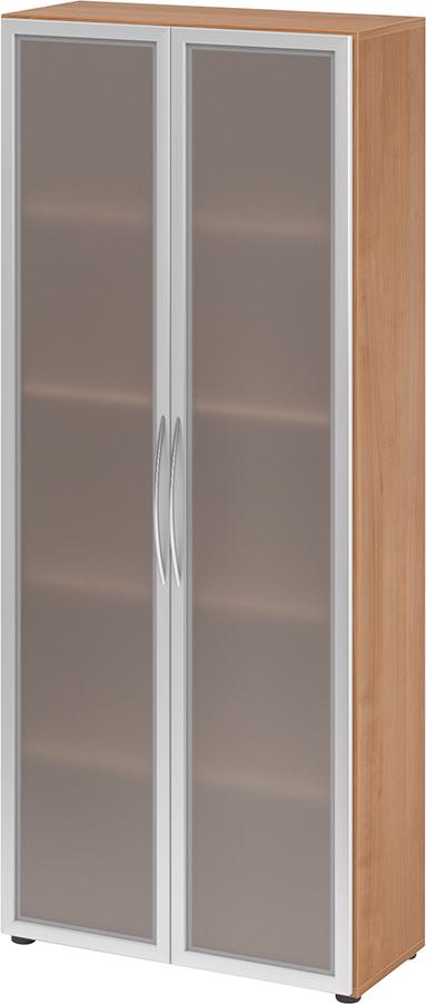 Hammerbacher Glastürenschrank , 5 OH K: Nussb./F:Rahm.Silb./MG80x34,9x188 cm (BxTxH) 4200 BM