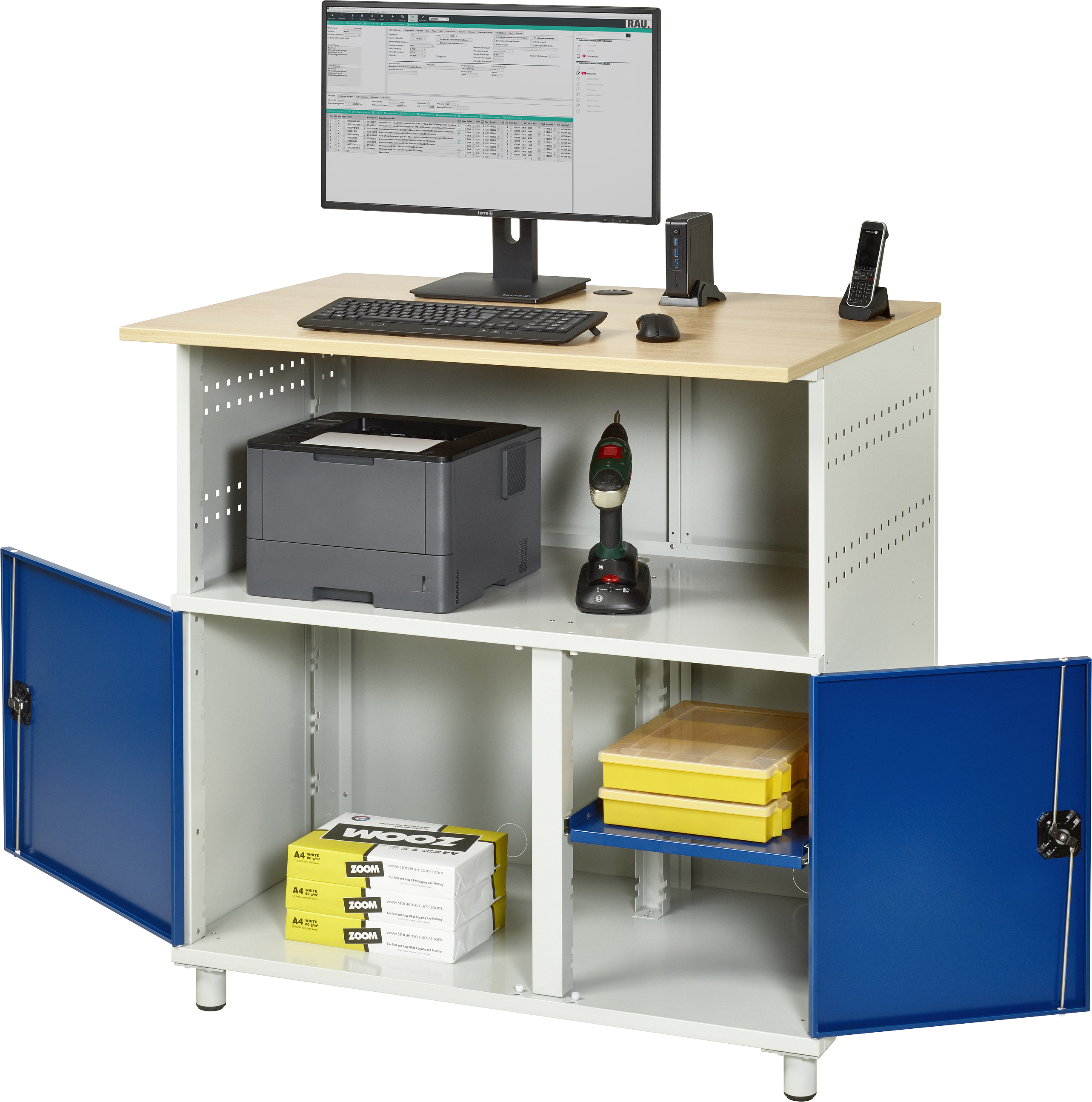 Rau Computer-Tisch Modell 1023 stationär Buche-Dekor RAL 7035/5010