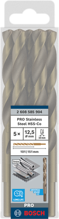Bosch PRO Stainless Steel HSS-Co Twist Drill Bit 12.5 mm set., Spiralbohrer, Edelstahlbohrer, HSS-Co, 12,5 mm, 5er-Set