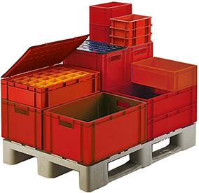 LA-KA-PE Transport-Stapelkasten, Wände und Boden geschlossen, mit und ohne Grifflochung, rot