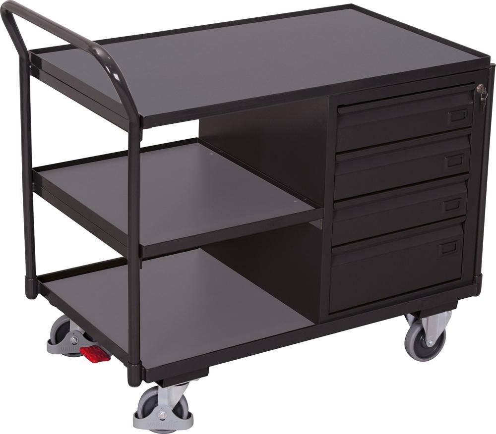VARIOfit Tischwagen 250kg B1125xT625xH1010mm RAL 7035/7016 4 Schubladen,3Ladeflächen