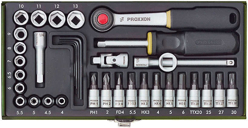 Proxxon Feinmechaniker-Satz mit 1/4"-Ratsche, 36-teilig, Stahlkasten