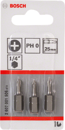 Bosch PH0 25mm screwdriver bits set of 3., Bosch-Bits, Schrauberbits, PH 0, 1/4 Zoll, 25 mm