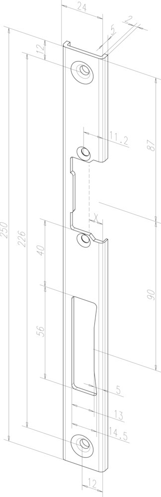 Technische Zeichnung effeff Profilschließblech 391,DR,24x250x5 ktg,edelstahl