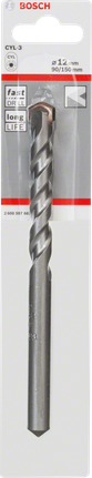Bosch CYL-3 concrete drill bit 12 mm for fast, long life drilling., Steinbohrer, Spiralbohrer, Silberfarben, Zylinderschaft, Hartmetallspitze