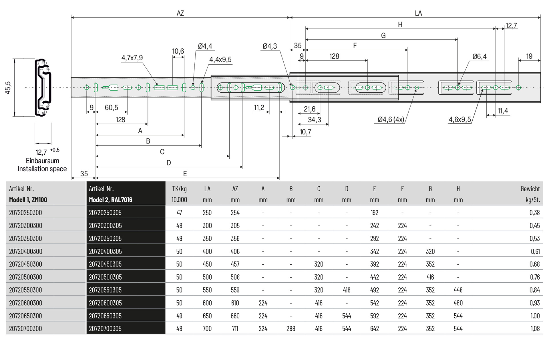 Schiene, Verstellungsschlitten, Laufschiene, Montageschiene, Maßskizze