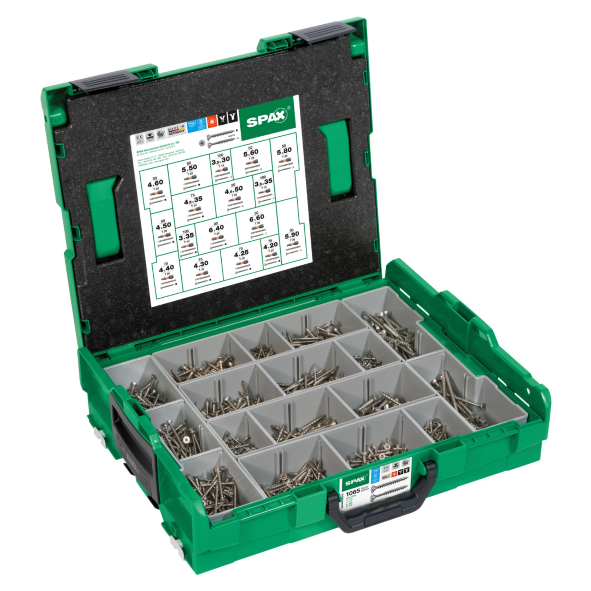 SPAX Montagekoffer L-BOXX, 1 Stück, Schraubenset mit 17 Abmessungen, Senkkopf, T-STAR plus, 4CUT, Edelstahl A2