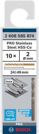 Bosch PRO Stainless Steel HSS-Co twist drill bit 2mm pack., Metallbohrer, HSS-Co, Edelstahlbohrer, 2 mm, Bosch