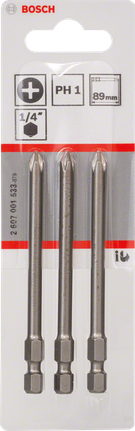 Bosch PH1 89mm screwdriver bits set of three., Schrauberbits, Kreuzschlitz PH1, 89 mm, 1/4-Zoll-Sechskant, Metall