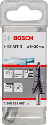 Bosch HSS-AlTiN step drill bit 6-30mm for stainless steel., Stufenbohrer, HSS-Bohrer, 6–30 mm, Kegelbohrer, Edelstahlbohrer