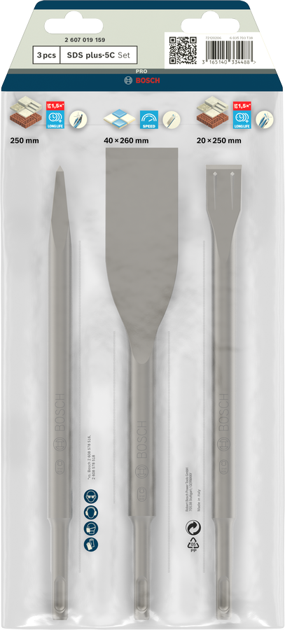 PRO SDS plus-5C Set, SDS-plus-Meißelset, 3-teilig, Spitzmeißel, Flachmeißel, Metall