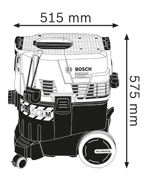 Abmessungen des Staubabsaugers., Industriestaubsauger, Bosch Professional, Staub- und Nasssauger, schwarz-blau, Lenkrollen