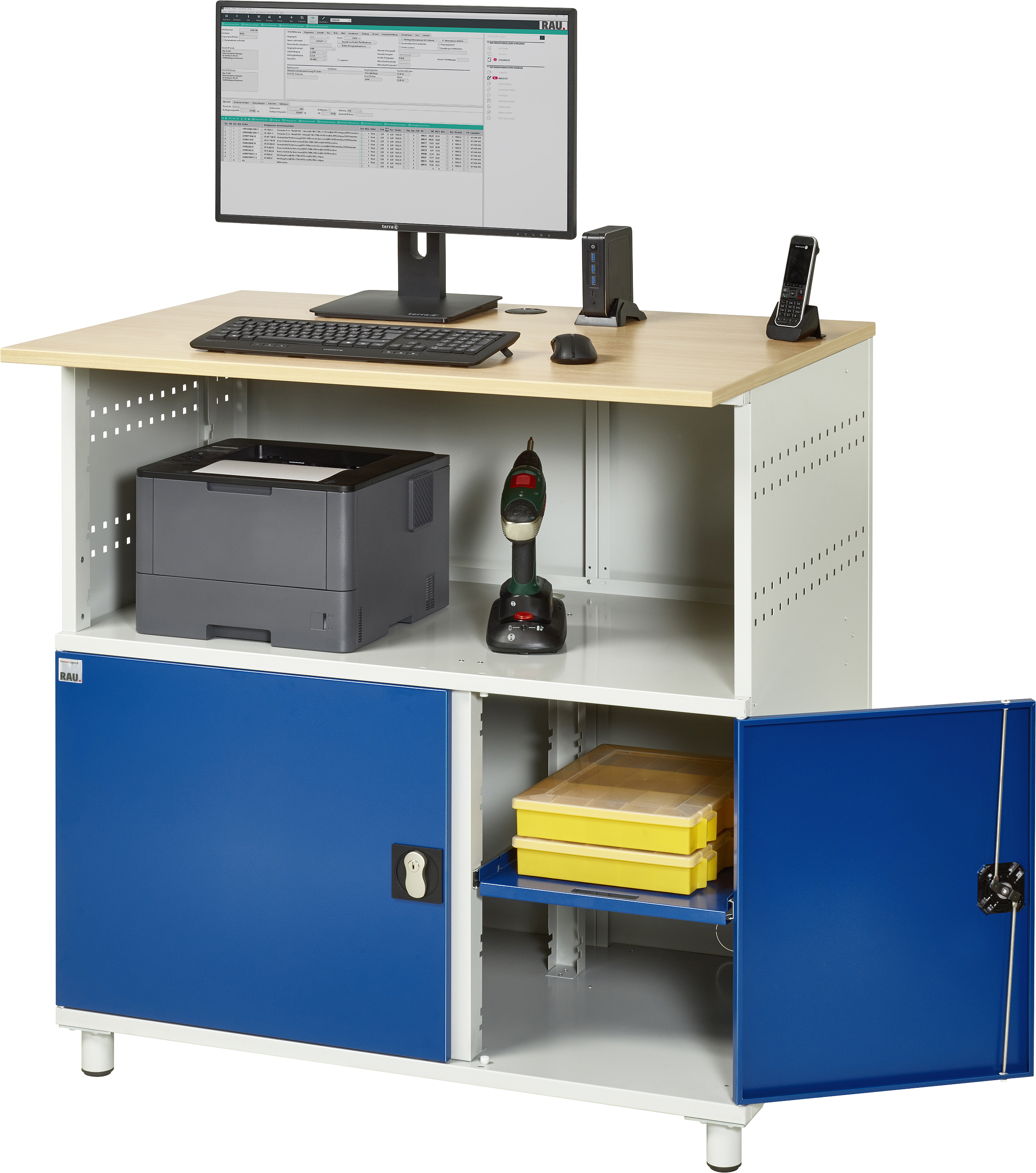 Rau Computer-Tisch Modell 1023 stationär Buche-Dekor RAL 7035/5010