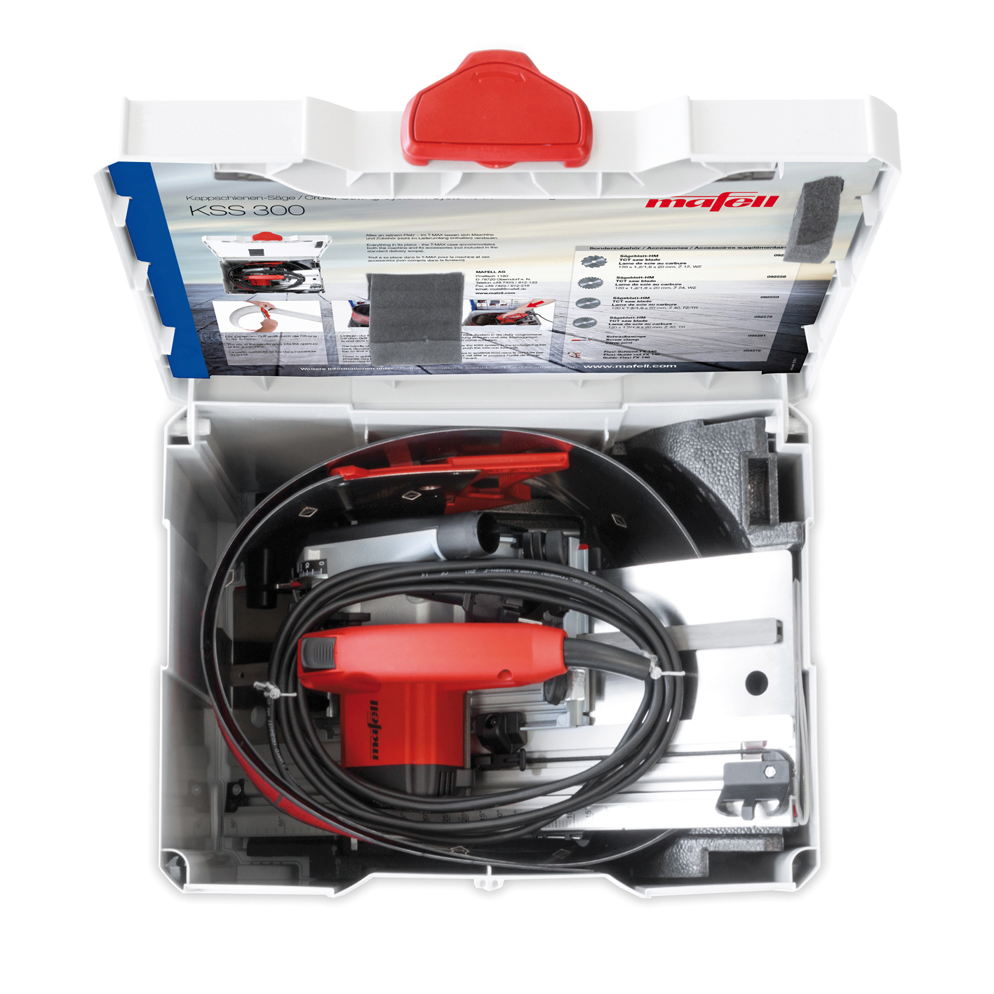 Ein System, fünf Sägen, eine Box: KSS 300 als Kappsäge, Tauchsäge, Schattenfugensäge, Handkreissäge oder Handkreissäge mit Flexi-Schiene FX 140 für geführte Schnitte. Anwendungsbild