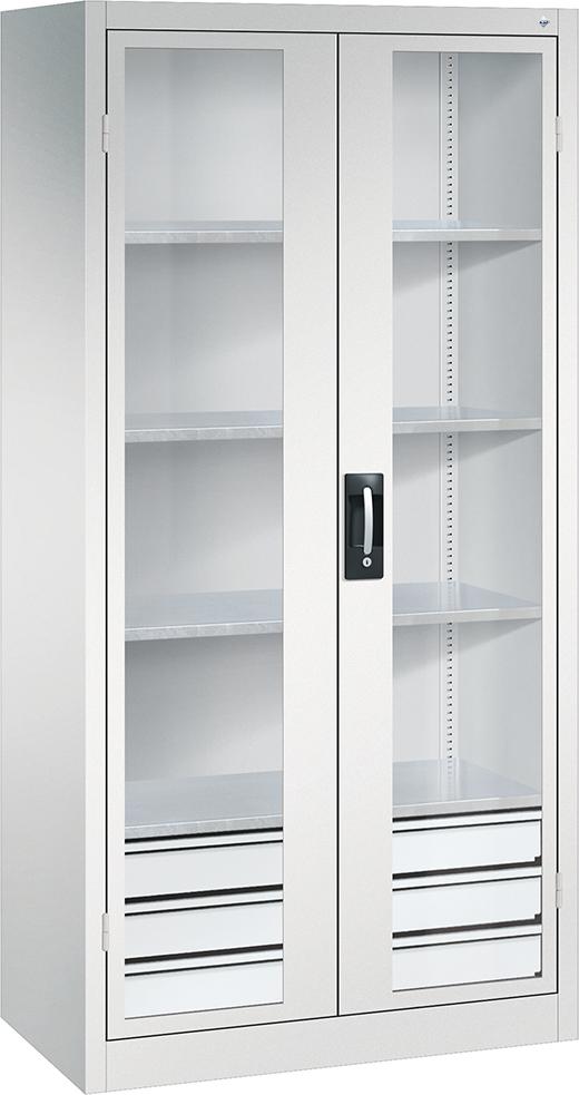 CP Schwerlastschrank, mit Flügeltüren und Schubladenblock unten, RAL 7035/7035