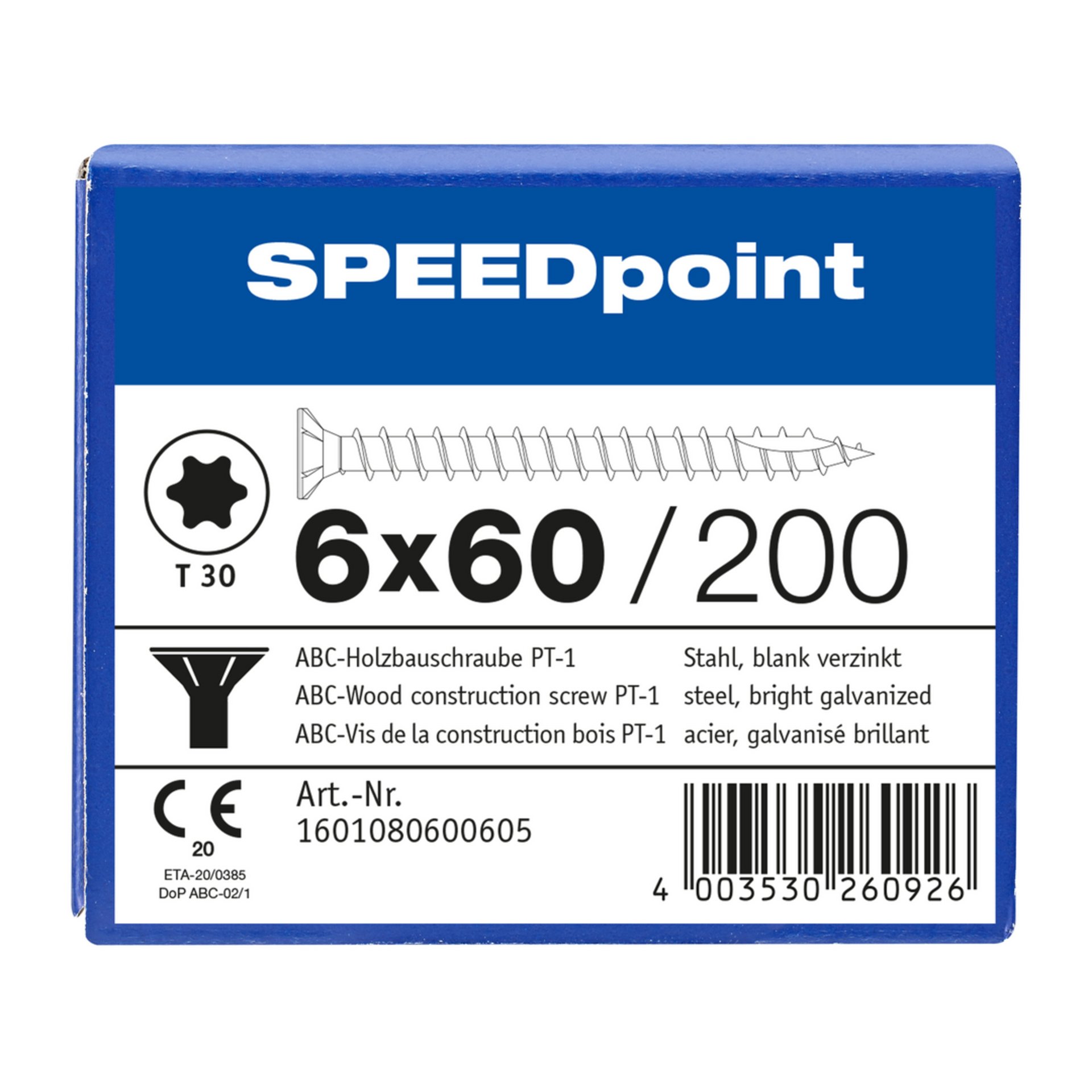 ABC SPEEDpoint Holzbauschraube Senkkopf T30 Teilgewinde Schabenut A2J 6x60mm (200)