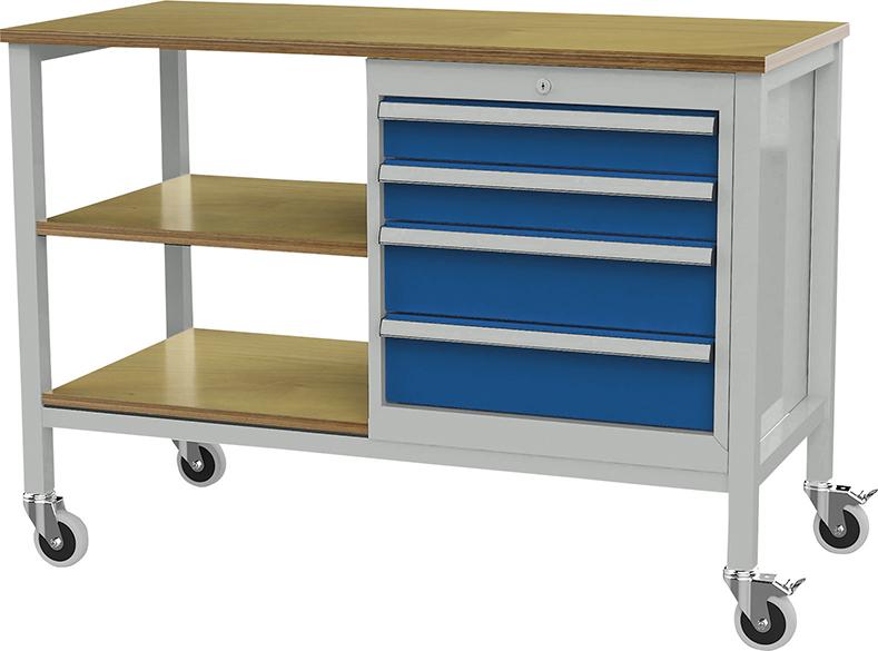 FORUM Kastenwerkbank mobil B1300mm 4 Schubladen 2 Böden RAL7035/5010
