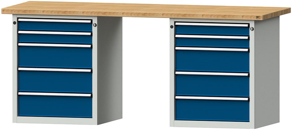 ANKE Kombiwerkbank (Serie V) mit 2 x Schubladenunterschränke stehend, mit 10 Schubladen (4x90, 6x180 mm), lichtgrau/enzianblau