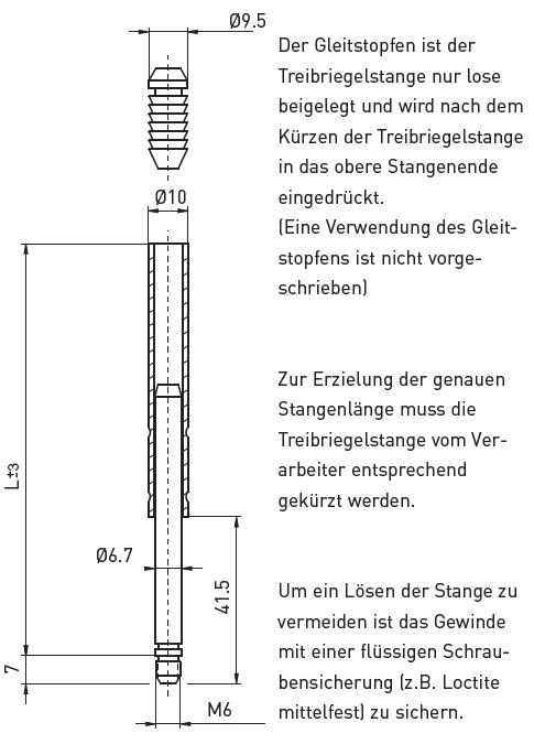 BMH Treibriegelstange oben verzinkt, Gewinde M6