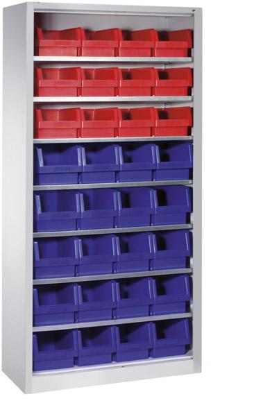 CP Lager-Regalschrank B1000xT300xH1980 mm RAL 7035 ohne Türen 7 Fachböden, 32 Kästen CP