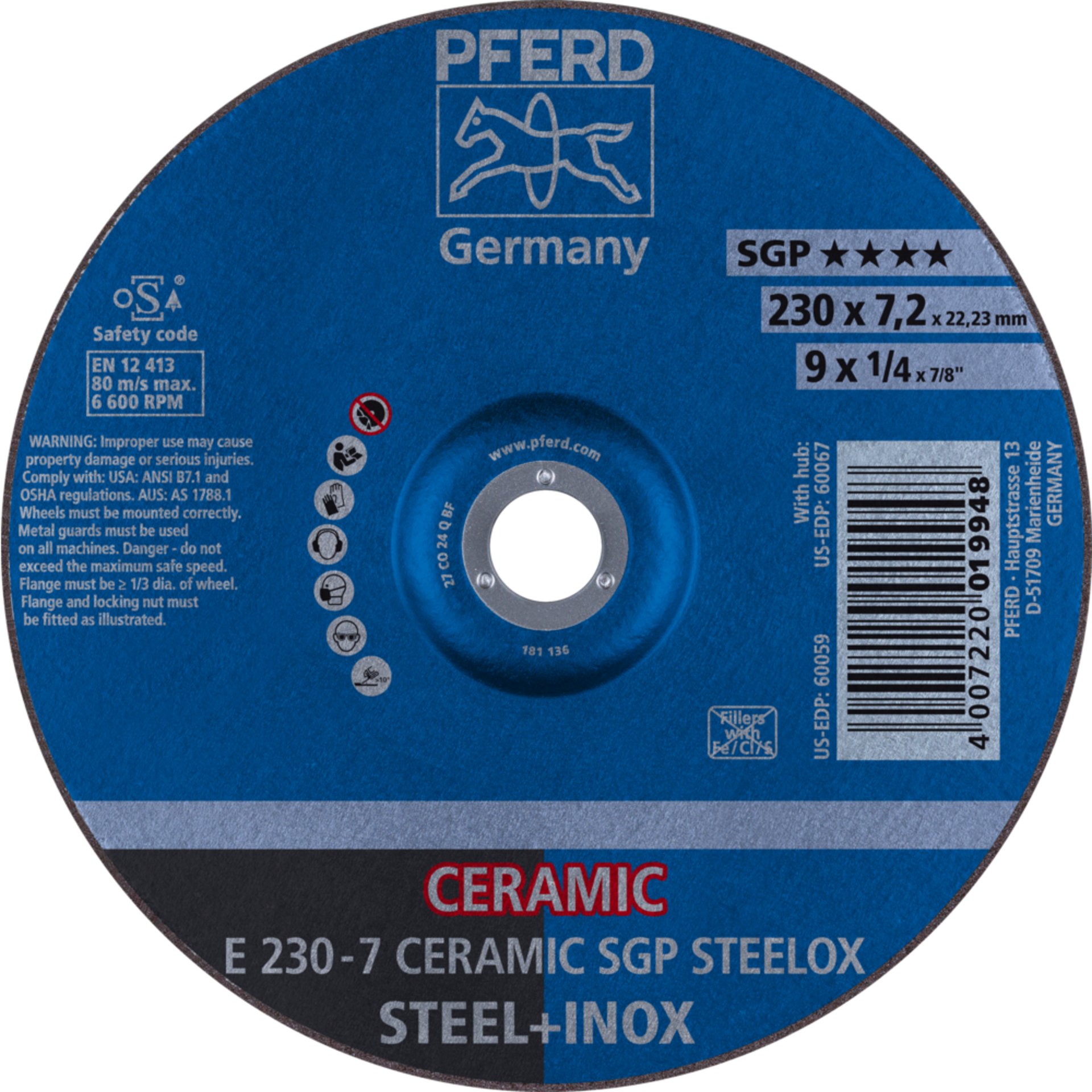 Pferd Schruppscheibe E 230x7,2x22,23 mm CERAMIC Leistungslinie SG STEELOX für