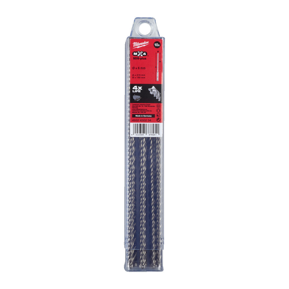 Milwaukee MX4 SDS-Plus Hammerbohrer 4-Schneiden 6mm x 215mm 10 Stück