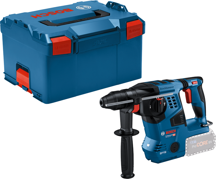 Bosch GBH 18V-28 C rotary hammer with L-Boxx case., Akku-Bohrhammer, Transportkoffer, blau-schwarz, Zusatzhandgriff, Werkzeugset