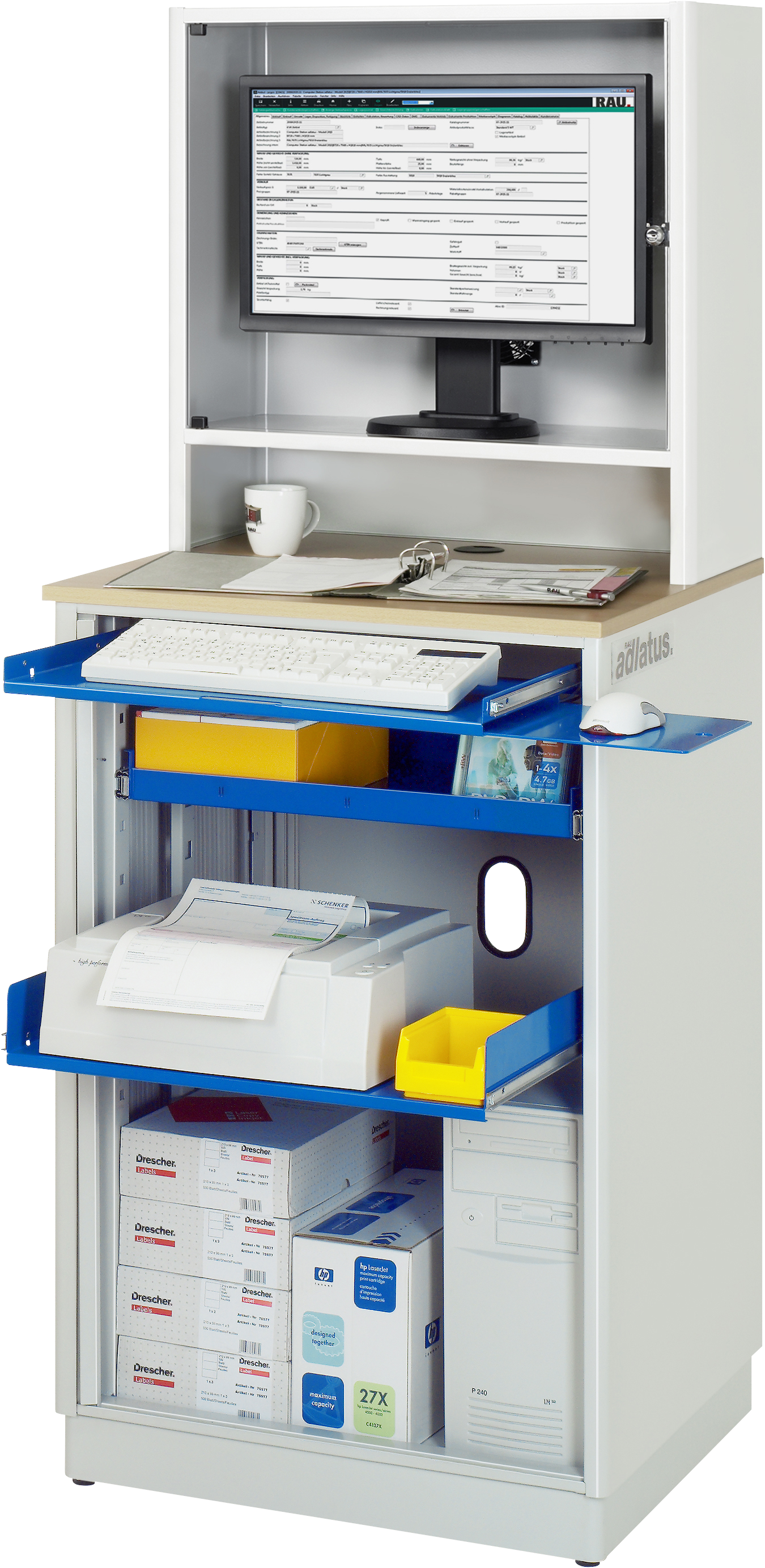 Rau Computer-Station 2015 stationär mit Monitorgehäuse B720xT660xH1810mm, Kiosk, Medienständer, Computer-Station, Monitoreinheit, Druckerpapier