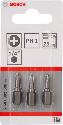 Bosch PH1 25mm screwdriver bits pack of three., Bosch Bit-Einsatz, Kreuzschlitz PH1, 1/4 Zoll, 25 mm, 3er-Set