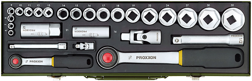 Proxxon PKW-Steckschlüsselsatz 23020 27-teilig 1/4 Zoll 1/2 Zoll Chrom-Vanadium-Stahl