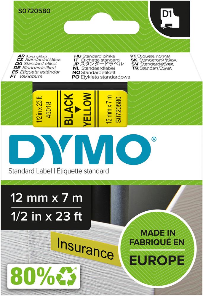 DYMO Schriftband D1 45018 schwarz/gelb 12mmx7m DYMO
