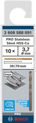 Jeu de forets hélicoïdaux Bosch PRO en acier inoxydable HSS-Co de 3,7 mm.