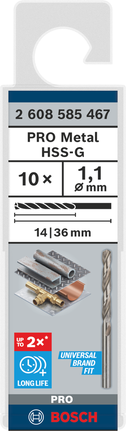 Bosch PRO Metal HSS-G twist drill bit 1.1 mm, 10 pack., Metallbohrer, HSS-G, 10-teilig, Spiralbohrer, Bosch