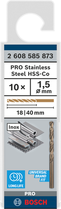 Bosch PRO Stainless Steel HSS-Co 1.5 mm drill bit pack., Metallbohrer, HSS-Stahl, 10 mm Durchmesser, 40 mm Länge, Profi-Kassette