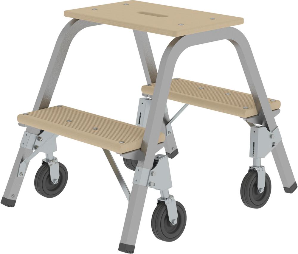 MUNK Stahl-Holz-Tritt fahrbar 2 Holzstufen 4 BockrollenHöhe Deckbrett 0,49 m Arbeitshöhe bis 2,40 m