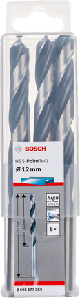 Bosch HSS PointTeQ 12 mm twist drill bit set., Spiralbohrer, HSS-Stahl, Metallbohrer, Ø 12 mm, 5er-Set