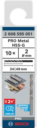 Bosch PRO Metal HSS-G 2 mm twist drill bits, 10 pack.