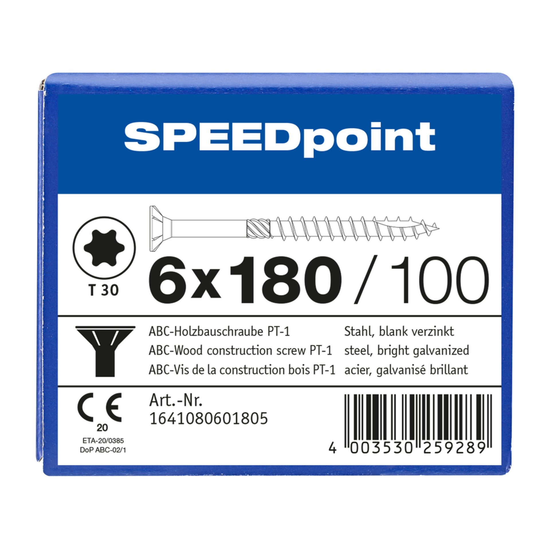 ABC SPEEDpoint Holzbauschraube Senkkopf T30 Teilgewinde Schabenut A2J 6x180mm (100)
