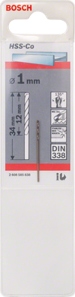 Bosch HSS-Co 1mm Metallbohrer DIN 338., HSS-Co-Bohrer, Metallbohrer, 1 mm, DIN 338, Kobaltlegierung