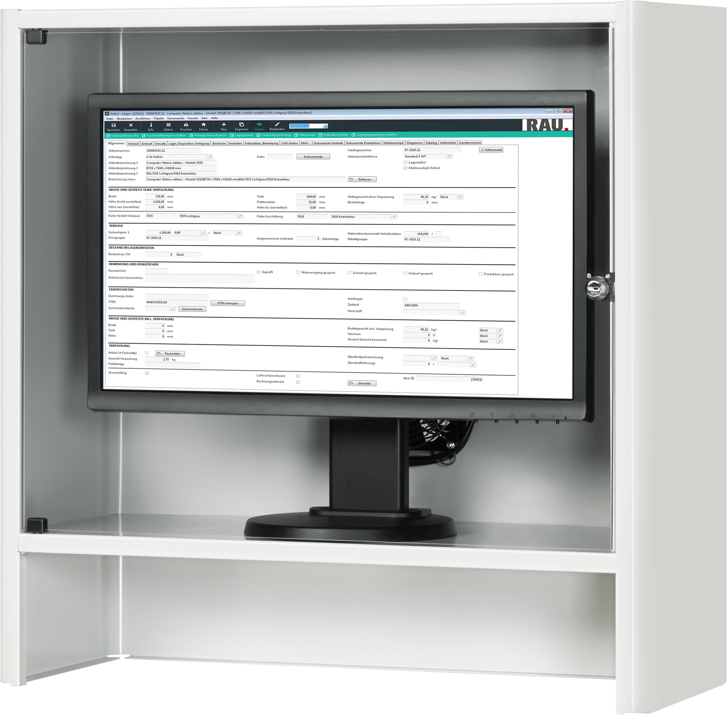 Rau Monitorgehäuse 07-5500.12 Tiefe 300mm RAL7035 abschließbar