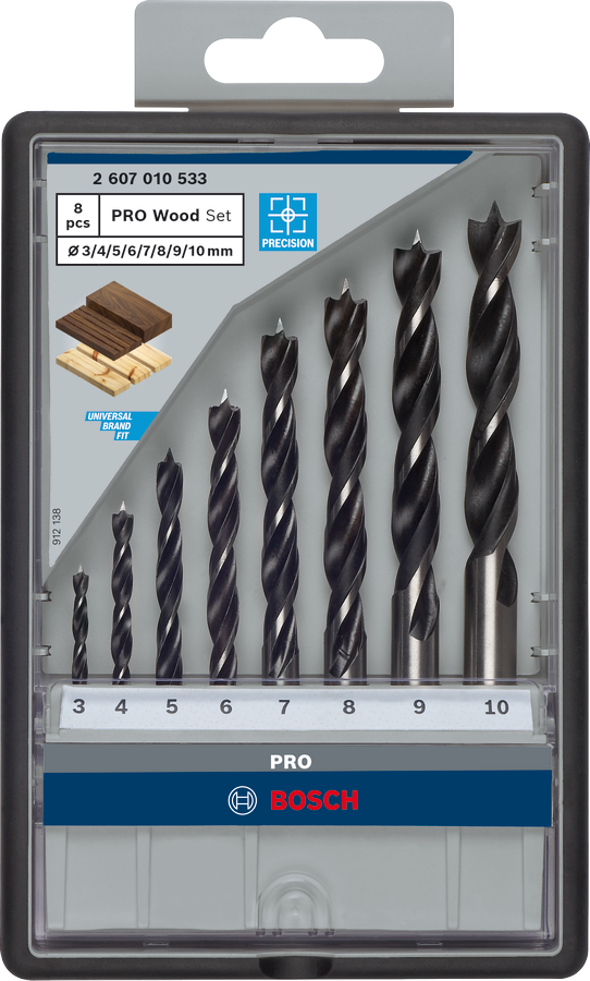 Object #200466719: 2607010533_bo_pro_p_f_1, Holzbohrer-Set, 8-teilig, Spiralbohrer, schwarz, Größen 3–10 mm