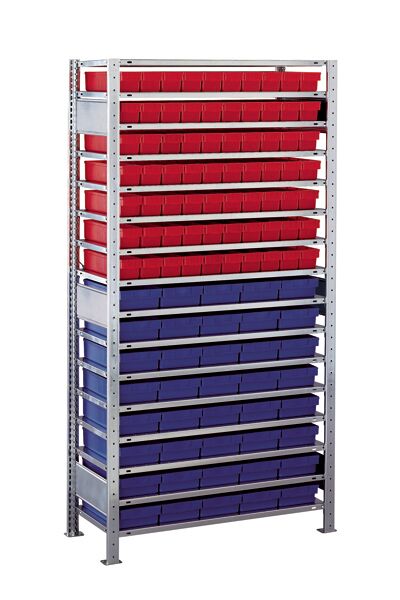 Schulte Kleinteileregal-Set 2 MULTIplus150 2000x1000x500mm verzinkt 16 Fachböden 70 rote 83x93x500mm Kästen 40 blaue 83x186x500mm Kästen