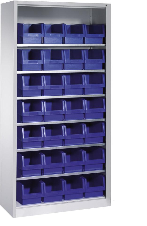 CP Lager-Regalschrank B1000xT300xH1980 mm RAL 7035 ohne Türen 6 Fachböden, 28 Kästen CP