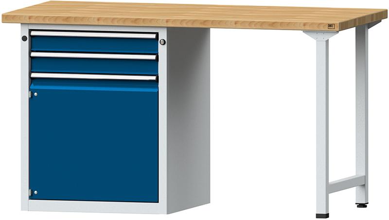 ANKE Kombiwerkbank (Serie V) mit Schubladenunterschrank stehend, mit 2 Schubladen (2x90 mm), 1 Tür (540 mm), lichtgrau/enzianblau