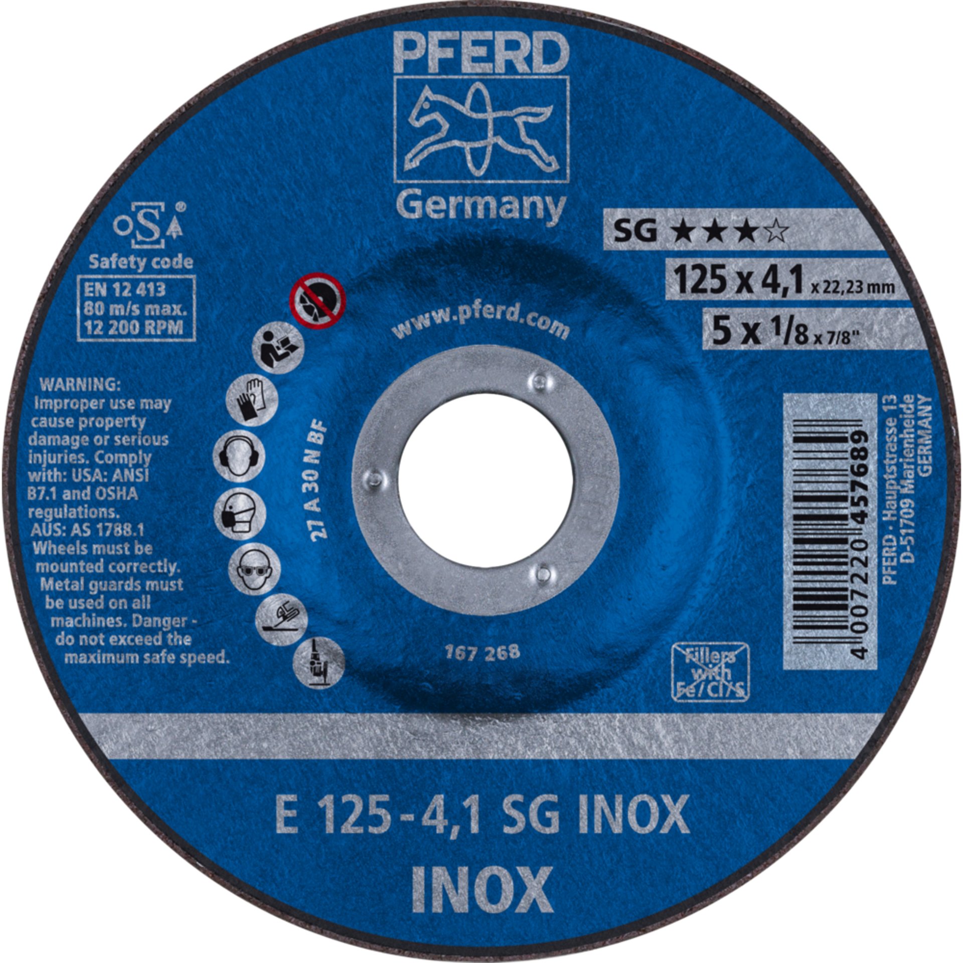 Pferd Schruppscheibe E 125x4,1x22,23 mm Leistungslinie SG INOX für Edelstahl